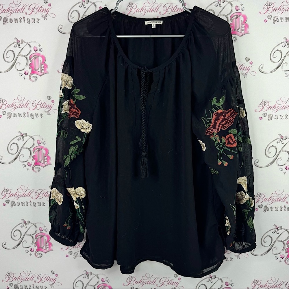 Black Swan long sleeve flowers Floral Embroidered Blouse tassles tie ups